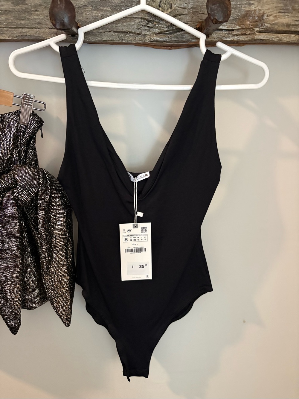 Zara Black Deep V One-Piece Bodysuit